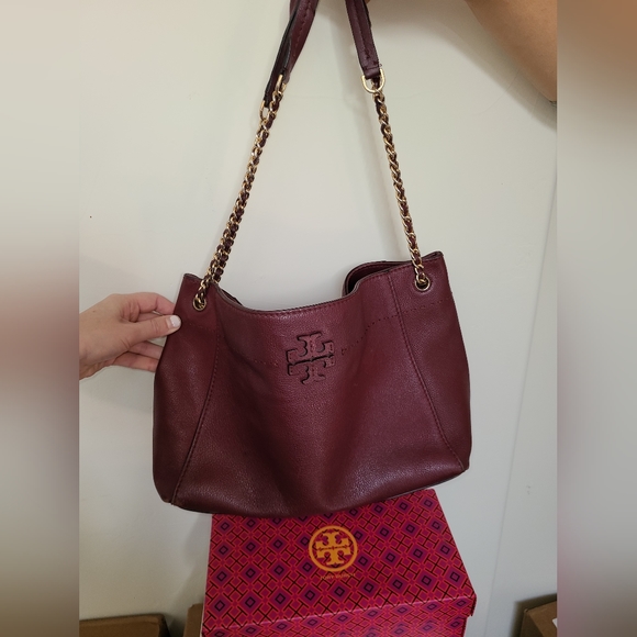 Tory Burch Designer McGraw Leather Burgundy Tote Purse Handbag - Picture 5 of 12